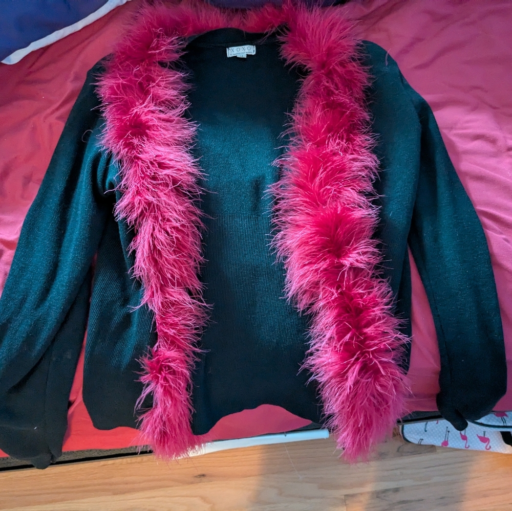 Black Cardigan With Red Feathers